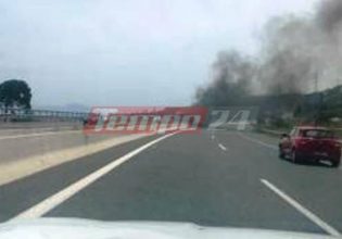 Νταλίκα έπιασε φωτιά μετά από τροχαίο στην Εθνική Οδό – Ενας τραυματίας