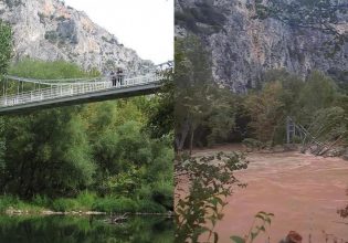 Δραματικές εικόνες: Ο Πηνειός εξαφάνισε την κρεμαστή γέφυρα των Τεμπών