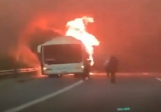 Η στιγμή που το λεωφορείο του ΚΤΕΛ έχει τυλιχτεί στις φλόγες – Δρομολόγιο «θρίλερ» προς Θεσσαλονίκη