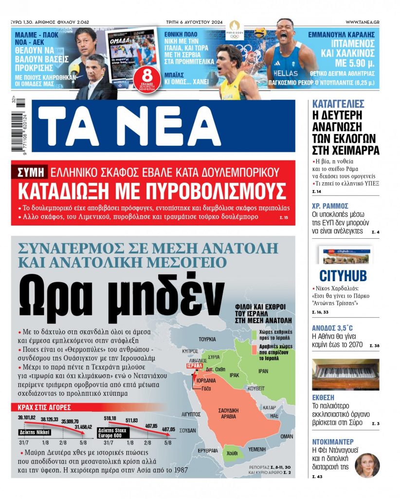 Στα «ΝΕΑ» της Τρίτης: Συναγερμός σε Μέση Ανατολή και Ανατολική Μεσόγειο