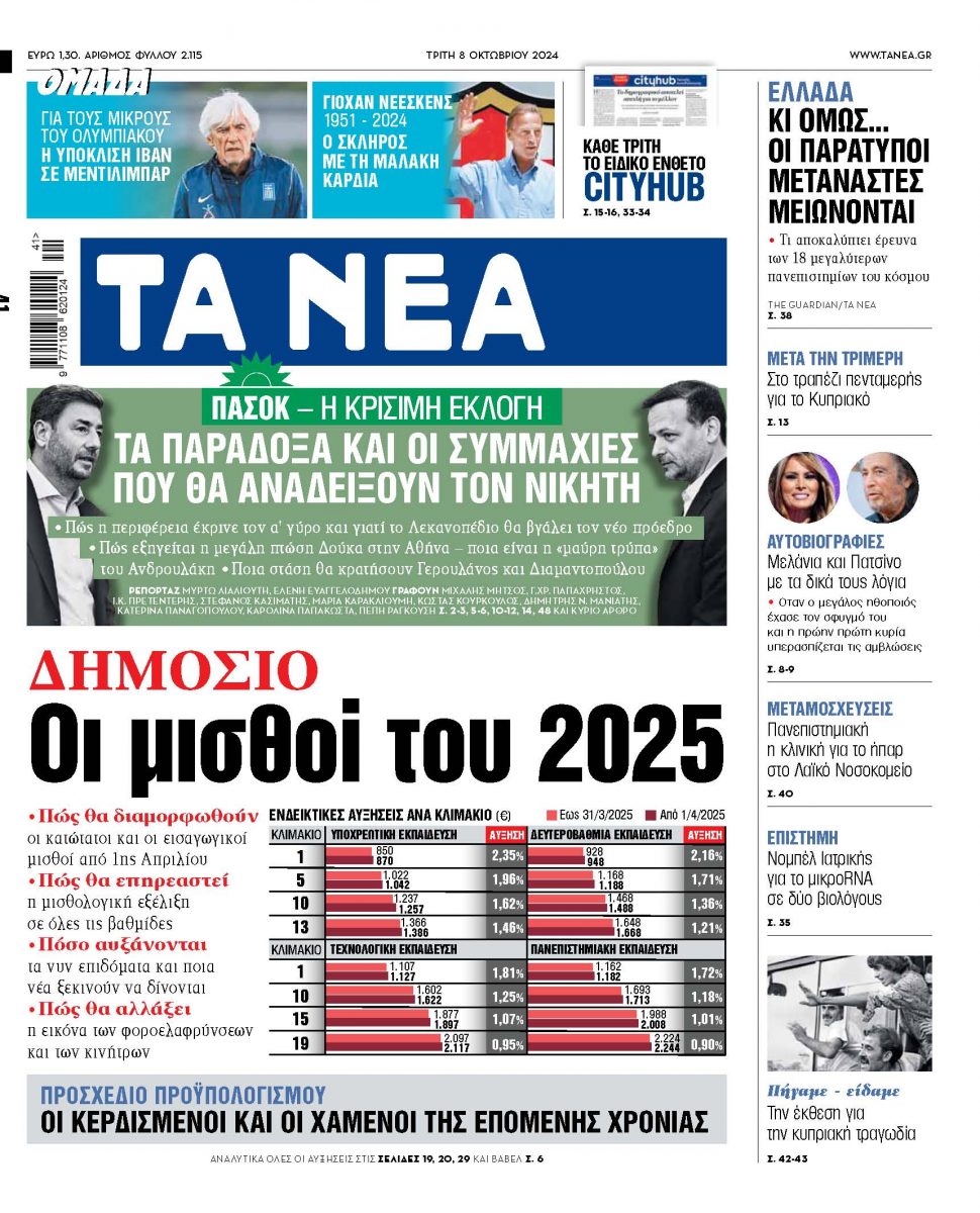 Στα «ΝΕΑ» της Τρίτης: Οι μισθοί του 2025