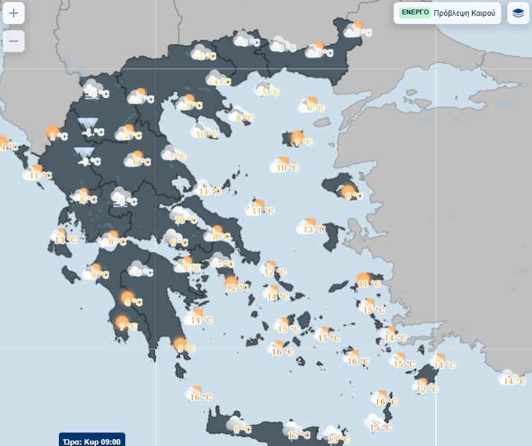 Εικόνα που δείχνει χάρτη της ΕΜΥ με τις μέσες θερμοκρασίες για την Κυριακή