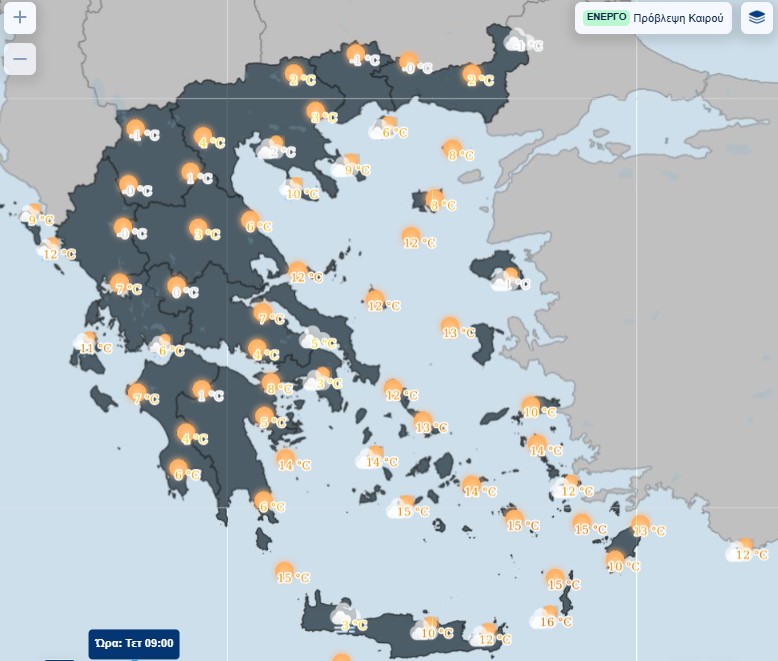 Εικόνα που δείχνει χάρτη της ΕΜΥ όπου σημειώνονται οι μέσες θερμοκρασίες