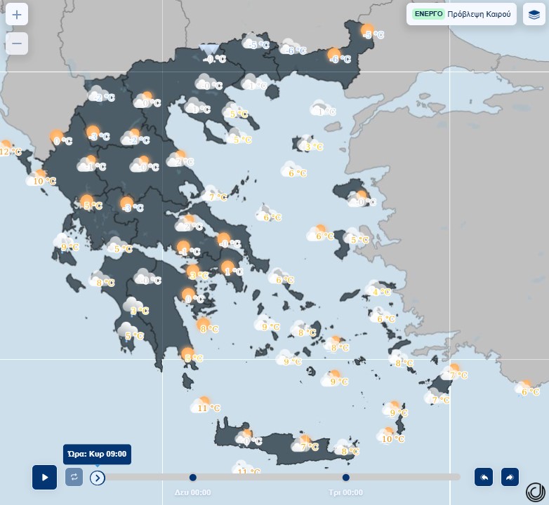 Εικόνα που δείχνει χάρτη της ΕΜΥ με τις μέσες θερμοκρασίες για την Κυριακή