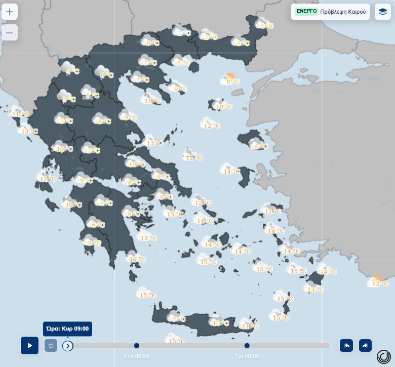 Εικόνα που δείχνει τον χάρτη της ΕΜΥ με τις θερμοκρασίες για την Κυριακή