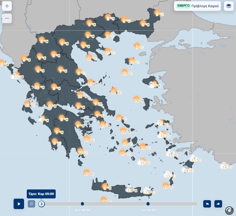 Εικόνα που δείχνει χάρτη της ΕΜΥ με τις μέσες θερμοκρασίες για την Κυριακή